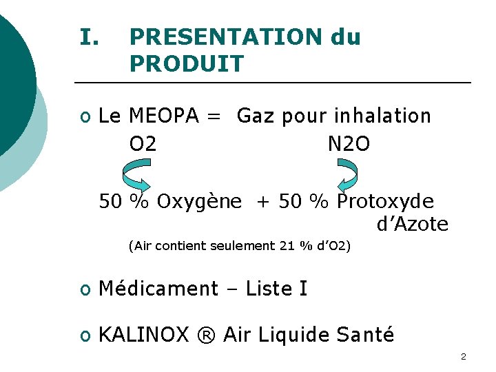 I. PRESENTATION du PRODUIT o Le MEOPA = Gaz pour inhalation O 2 N