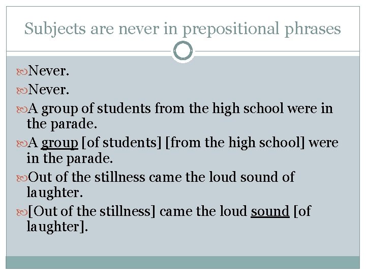 Subjects are never in prepositional phrases Never. A group of students from the high