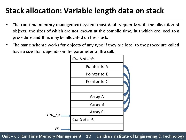 Stack allocation: Variable length data on stack § The run time memory management system