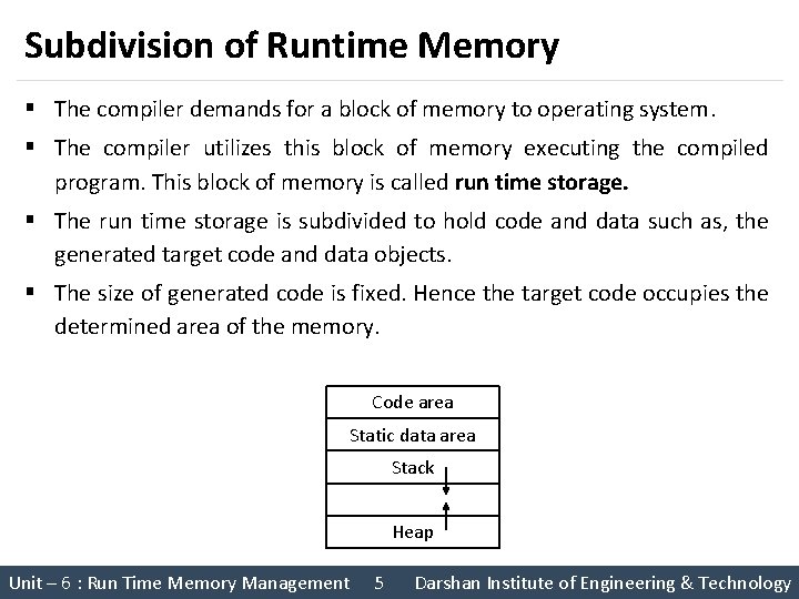 Subdivision of Runtime Memory § The compiler demands for a block of memory to