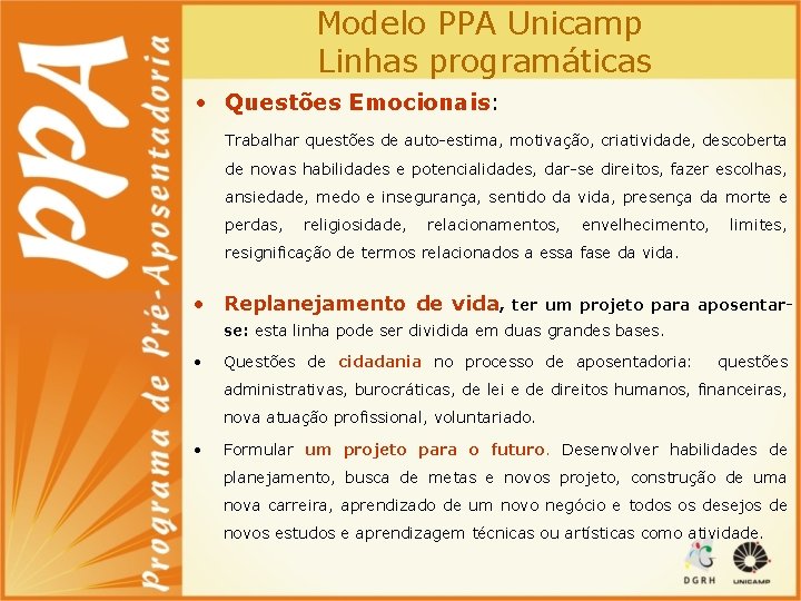 Modelo PPA Unicamp Linhas programáticas • Questões Emocionais: Trabalhar questões de auto-estima, motivação, criatividade,