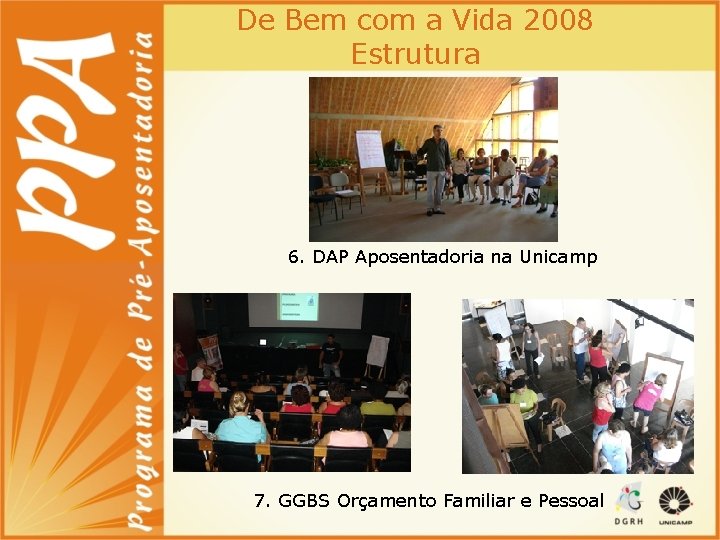 De Bem com a Vida 2008 Estrutura 6. DAP Aposentadoria na Unicamp 7. GGBS