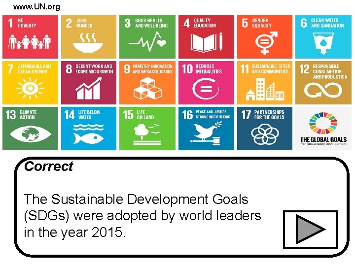 www. UN. org Correct The Sustainable Development Goals (SDGs) were adopted by world leaders