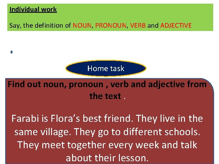 Individual work Say, the definition of NOUN, PRONOUN, VERB and ADJECTIVE Home task Find