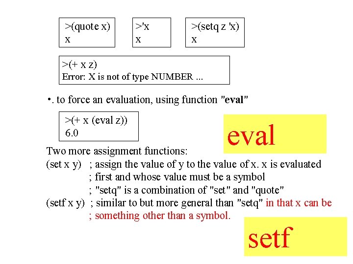 >(quote x) x >'x x >(setq z 'x) x >(+ x z) Error: X