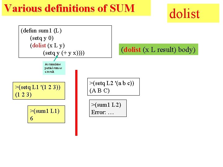 Various definitions of SUM (defun sum 1 (L) (setq y 0) (dolist (x L