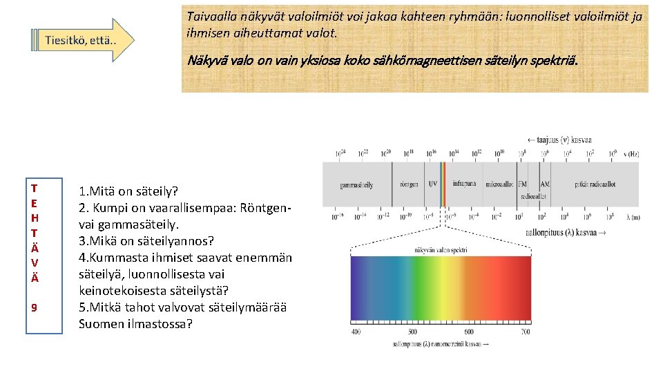 Taivaalla näkyvät valoilmiöt voi jakaa kahteen ryhmään: luonnolliset valoilmiöt ja ihmisen aiheuttamat valot. Näkyvä