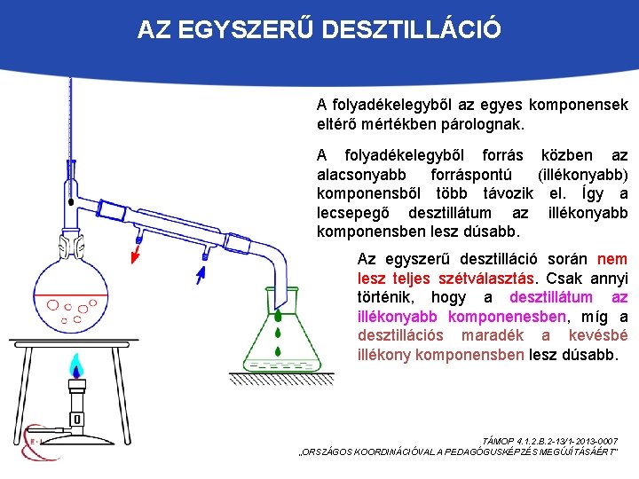 AZ EGYSZERŰ DESZTILLÁCIÓ A folyadékelegyből az egyes komponensek eltérő mértékben párolognak. A folyadékelegyből forrás