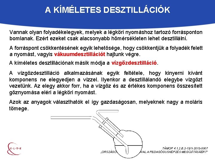 A KÍMÉLETES DESZTILLÁCIÓK Vannak olyan folyadékelegyek, melyek a légköri nyomáshoz tartozó forrásponton bomlanak. Ezért