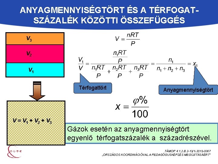 ANYAGMENNYISÉGTÖRT ÉS A TÉRFOGATSZÁZALÉK KÖZÖTTI ÖSSZEFÜGGÉS V 3 VV 2 V 1 Térfogattört Anyagmennyiségtört