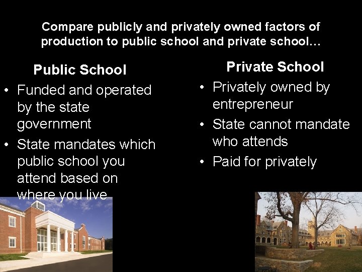 Compare publicly and privately owned factors of production to public school and private school…