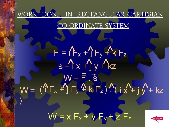 WORK DONE IN RECTANGULAR CARTESIAN CO-ORDINATE SYSTEM F = i^Fx +^j Fy +^k Fz