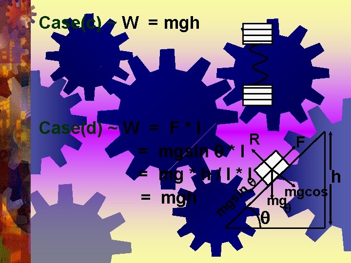 Case(c) ~ W = mgh Case(d) ~ W = F * l R =