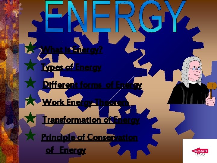  What is Energy? Types of Energy Different forms of Energy Work Energy Theorem