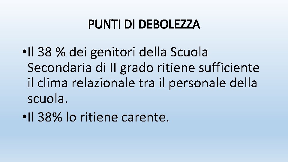 PUNTI DI DEBOLEZZA • Il 38 % dei genitori della Scuola Secondaria di II