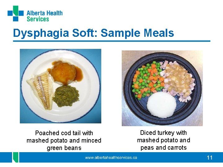 Dysphagia Soft: Sample Meals Poached cod tail with mashed potato and minced green beans