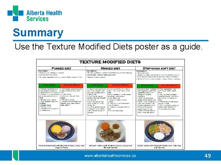 Summary Use the Texture Modified Diets poster as a guide. 49 
