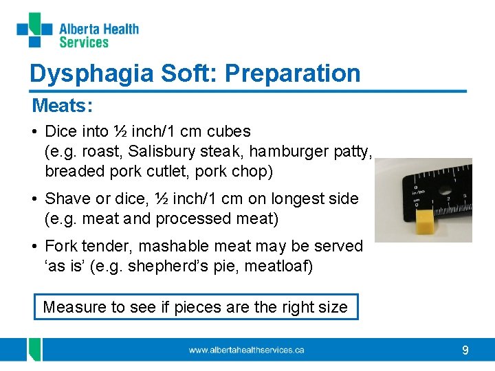 Dysphagia Soft: Preparation Meats: • Dice into ½ inch/1 cm cubes (e. g. roast,