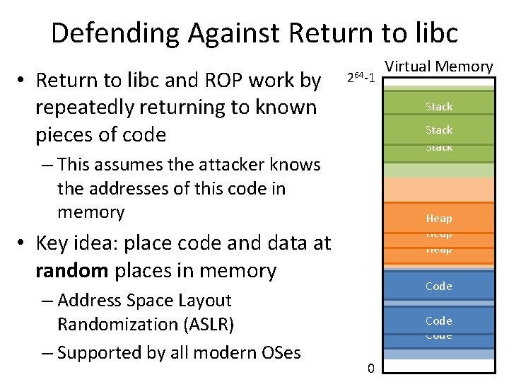 Defending Against Return to libc • Return to libc and ROP work by repeatedly