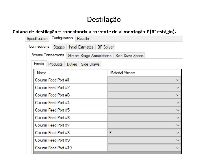 Destilação Coluna de destilação – conectando a corrente de alimentação F (8° estágio). Destilação Coluna de destilação – conectando a corrente de alimentação F (8° estágio).