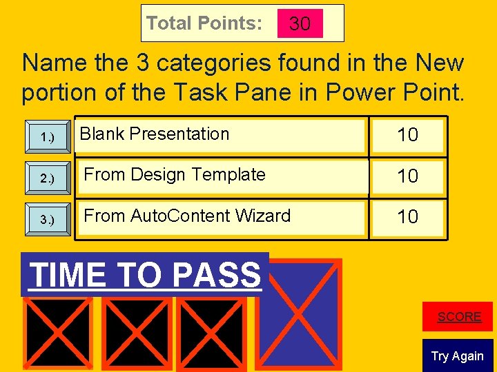 Total Points: 30 Name the 3 categories found in the New portion of the