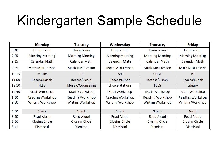 Kindergarten Sample Schedule Kindergarten Sample Schedule