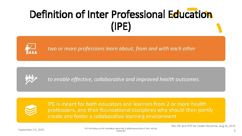 Definition of Inter Professional Education (IPE) two or more professions learn about, from and