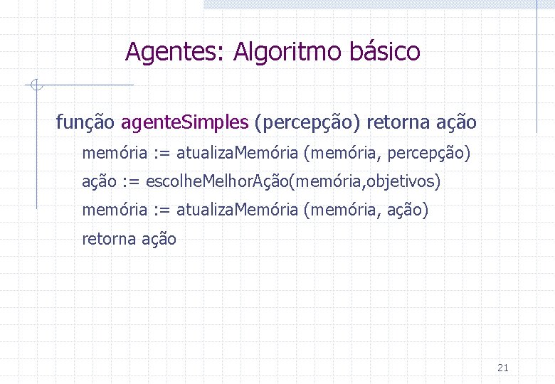 Agentes: Algoritmo básico função agente. Simples (percepção) retorna ação memória : = atualiza. Memória