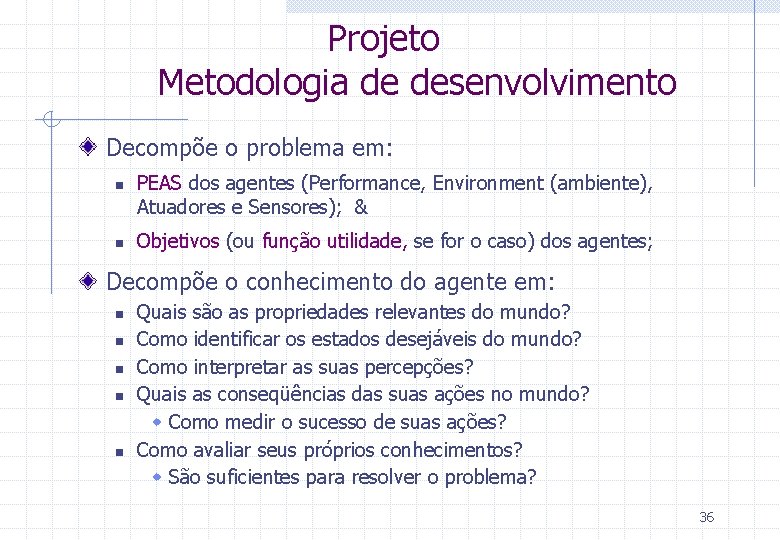 Projeto Metodologia de desenvolvimento Decompõe o problema em: n n PEAS dos agentes (Performance,