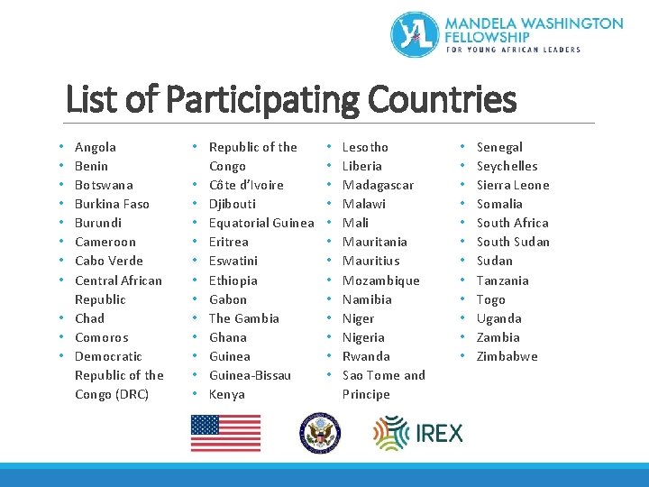List of Participating Countries Angola Benin Botswana Burkina Faso Burundi Cameroon Cabo Verde Central