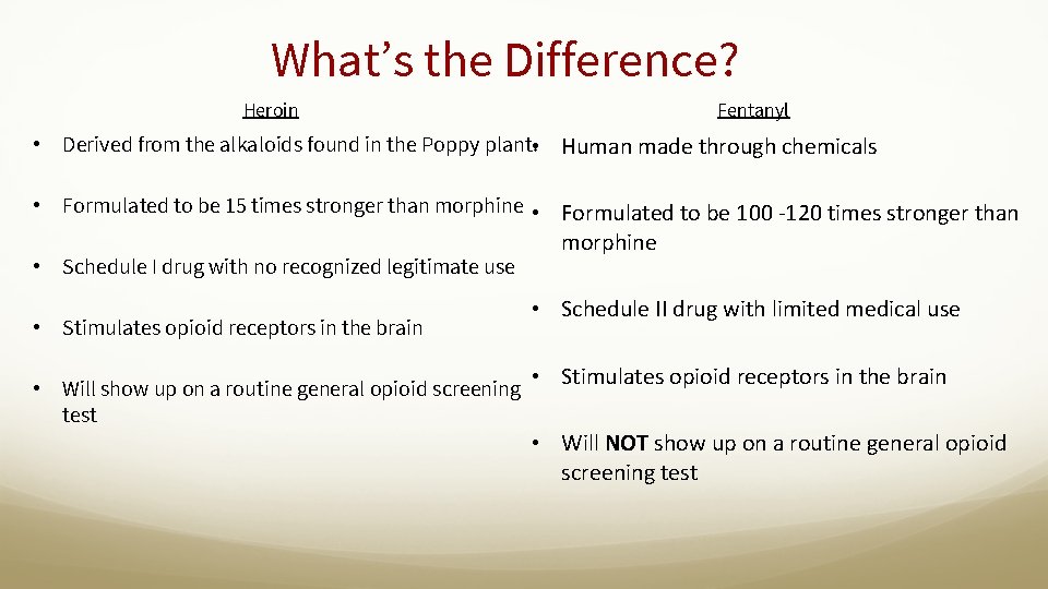 What’s the Difference? Heroin Fentanyl • Derived from the alkaloids found in the Poppy