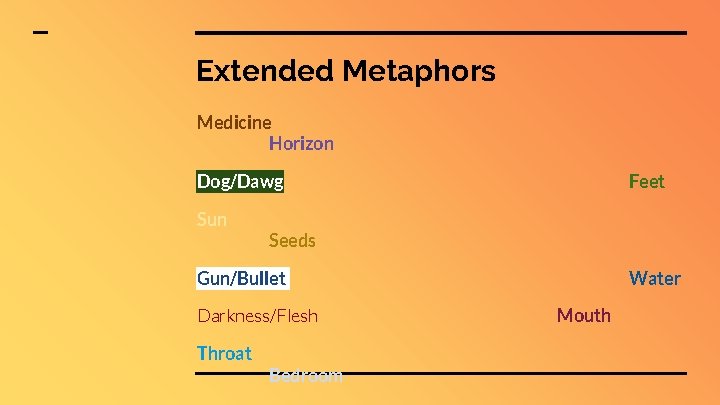 Extended Metaphors Medicine Horizon Dog/Dawg Sun Feet Seeds Gun/Bullet Darkness/Flesh Throat Bedroom Water Mouth