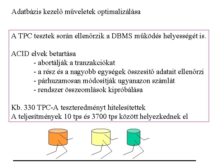 Adatbázis kezelő műveletek optimalizálása A TPC tesztek során ellenőrzik a DBMS működés helyességét is.