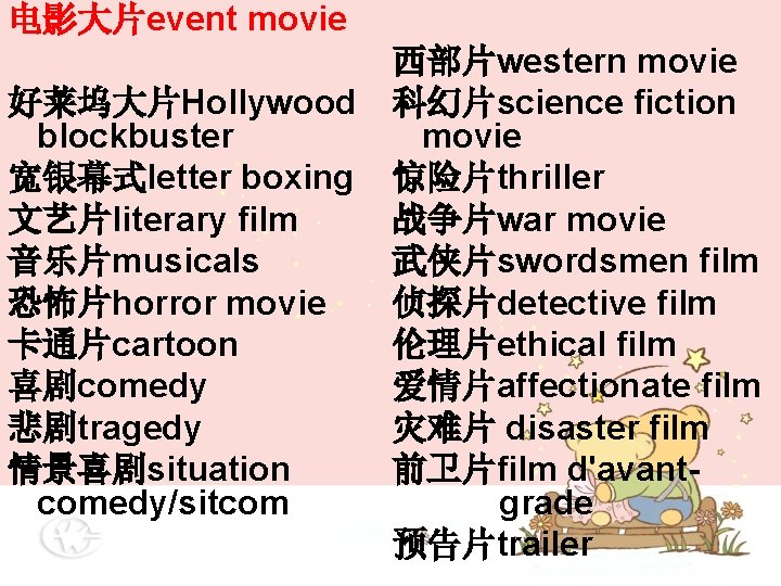电影大片event movie 好莱坞大片Hollywood blockbuster 宽银幕式letter boxing 文艺片literary film 音乐片musicals 恐怖片horror movie 卡通片cartoon 喜剧comedy 悲剧tragedy 电影大片event movie 好莱坞大片Hollywood blockbuster 宽银幕式letter boxing 文艺片literary film 音乐片musicals 恐怖片horror movie 卡通片cartoon 喜剧comedy 悲剧tragedy