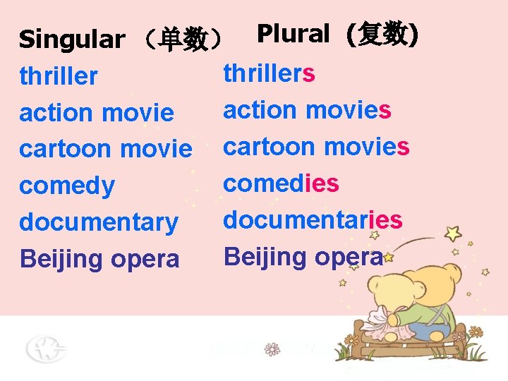 Singular (单数) Plural (复数) thrillers thriller action movies action movie cartoon movies comedy documentaries Singular (单数) Plural (复数) thrillers thriller action movies action movie cartoon movies comedy documentaries