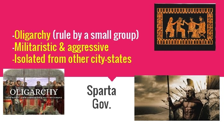 -Oligarchy (rule by a small group) -Militaristic & aggressive -Isolated from other city-states Sparta