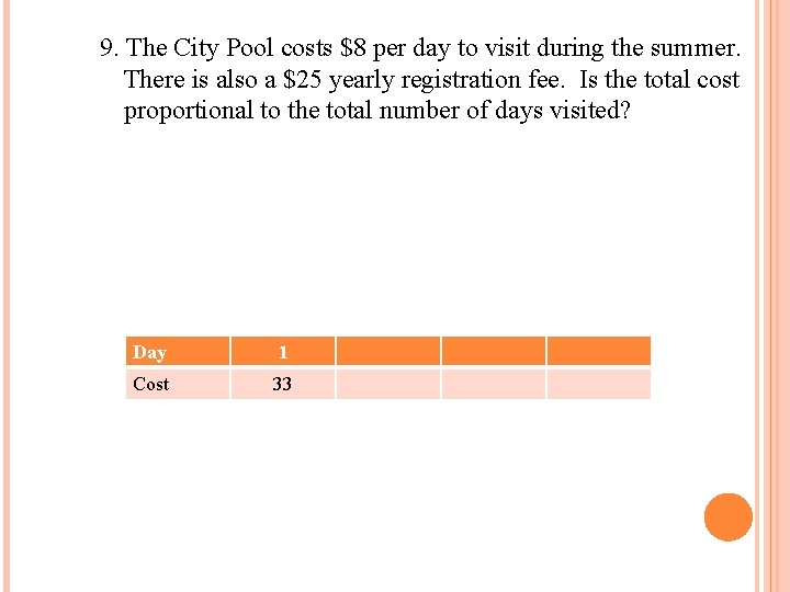 9. The City Pool costs $8 per day to visit during the summer. There