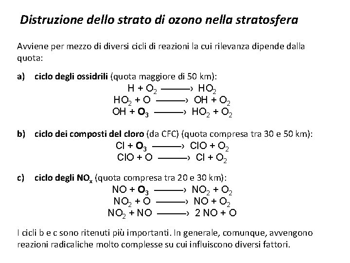 Distruzione dello strato di ozono nella stratosfera Avviene per mezzo di diversi cicli di