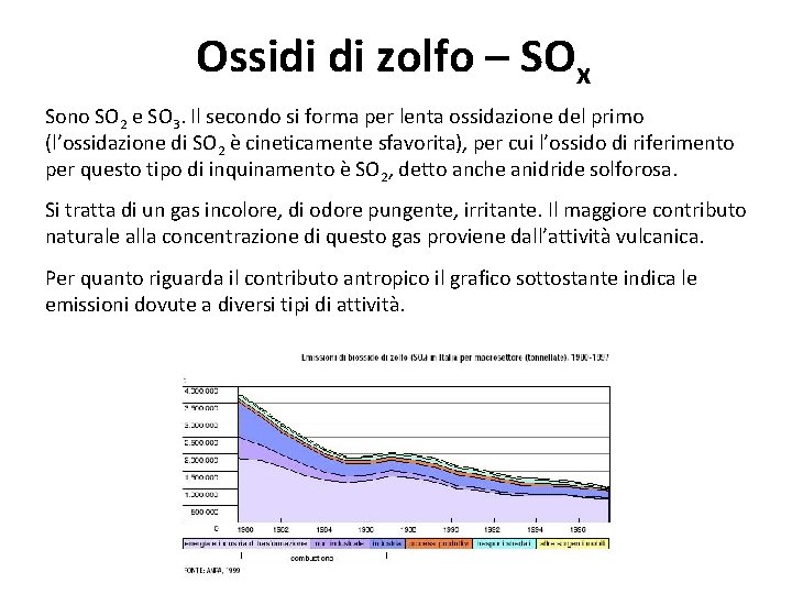 Ossidi di zolfo – SOx Sono SO 2 e SO 3. Il secondo si