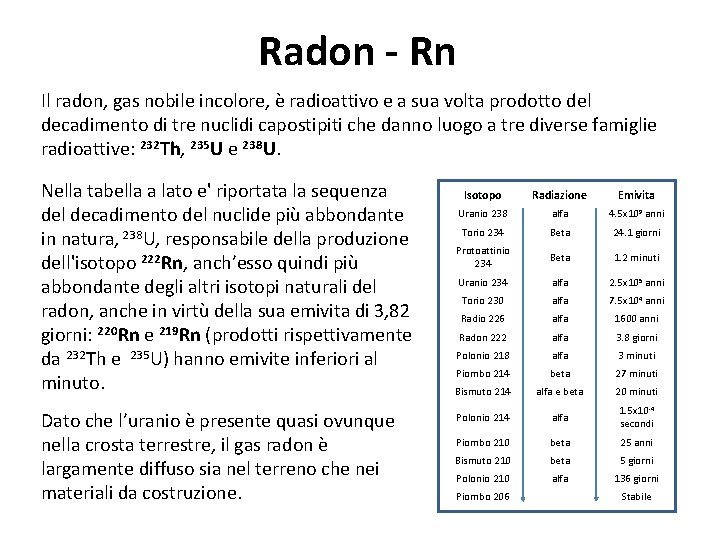 Radon - Rn Il radon, gas nobile incolore, è radioattivo e a sua volta