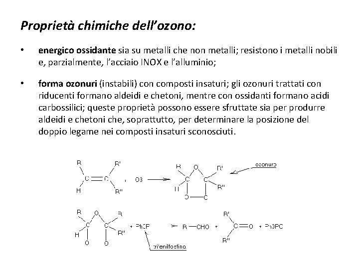 Proprietà chimiche dell’ozono: • energico ossidante sia su metalli che non metalli; resistono i