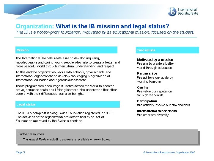 Organization: What is the IB mission and legal status? The IB is a not-for-profit Organization: What is the IB mission and legal status? The IB is a not-for-profit