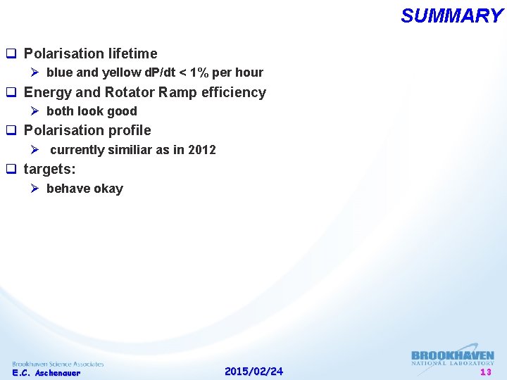 SUMMARY q Polarisation lifetime Ø blue and yellow d. P/dt < 1% per hour SUMMARY q Polarisation lifetime Ø blue and yellow d. P/dt < 1% per hour