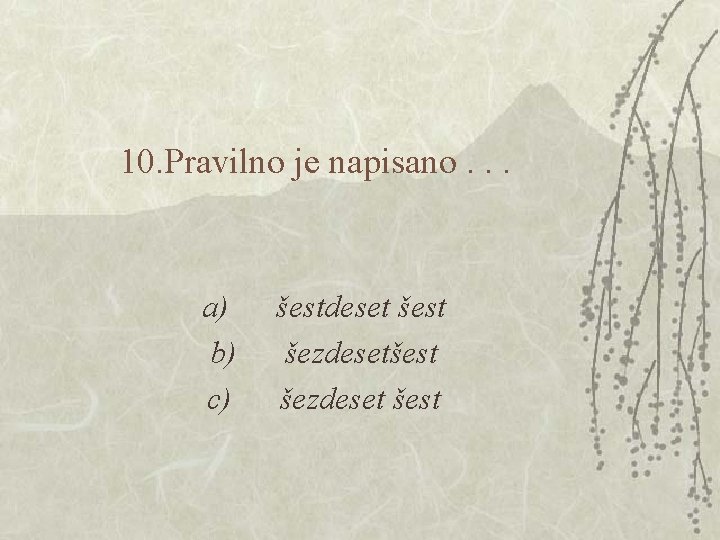 10. Pravilno je napisano. . . a) šestdeset šest b) šezdesetšest c) šezdeset šest