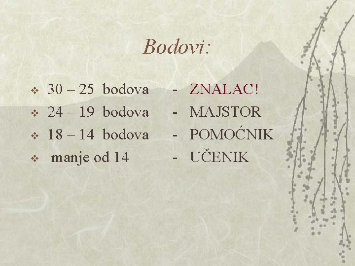 Bodovi: 30 – 25 bodova - ZNALAC! v 24 – 19 bodova - MAJSTOR Bodovi: 30 – 25 bodova - ZNALAC! v 24 – 19 bodova - MAJSTOR
