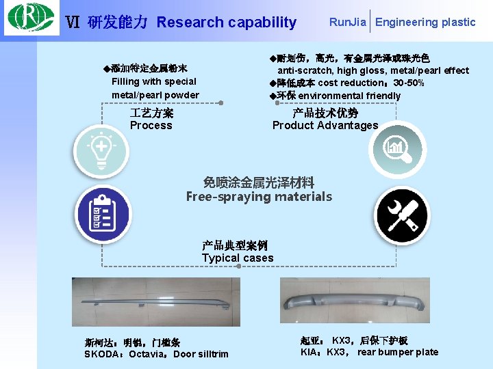 Ⅵ 研发能力 Research capability Run. Jia Engineering plastic ◆耐划伤，高光，有金属光泽或珠光色 ◆添加特定金属粉末 anti-scratch, high gloss, metal/pearl