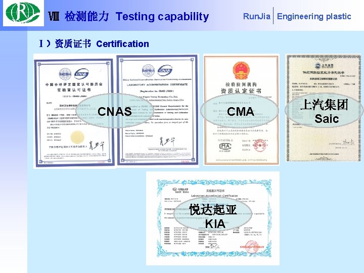 Ⅷ 检测能力 Testing capability Run. Jia Engineering plastic Ⅰ）资质证书 Certification CNAS CMA 悦达起亚 KIA