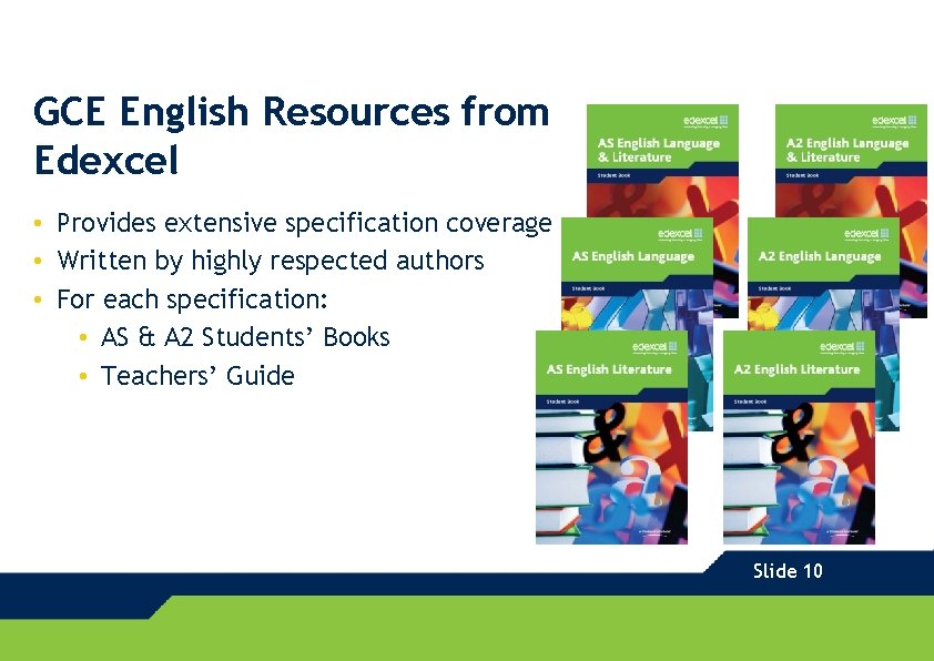 GCE English Resources from Edexcel • Provides extensive specification coverage • Written by highly