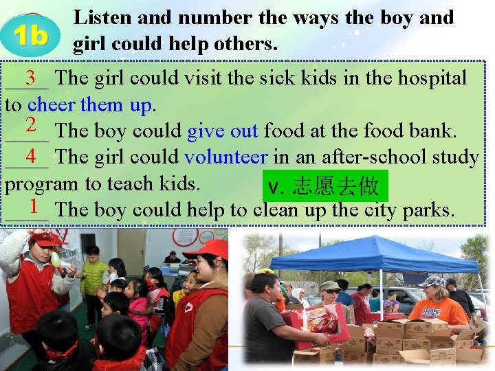 1 b Listen and number the ways the boy and girl could help others.