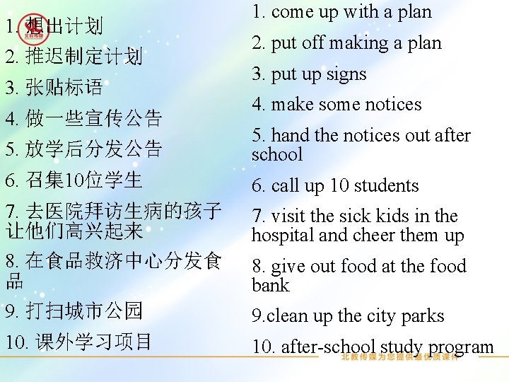 1. 想出计划 2. 推迟制定计划 3. 张贴标语 4. 做一些宣传公告 1. come up with a plan